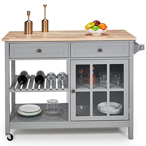 HOMHUM Rolling Kitchen Island Cart with Storage, 42 Inch Wood Tabletop