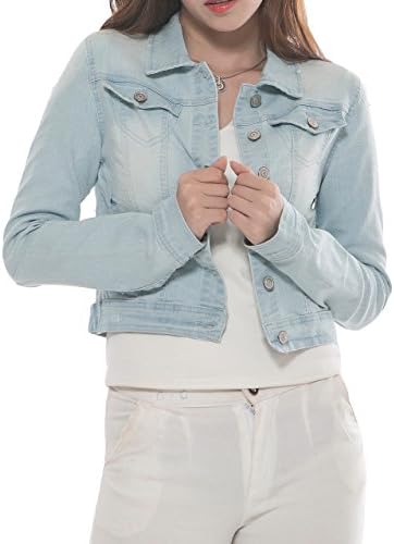 PERHAPS U Women's Short Cropped Denim Jacket Button Front Long Sleeves Jean Jackets for Women (XX-Large, Light Blue)
