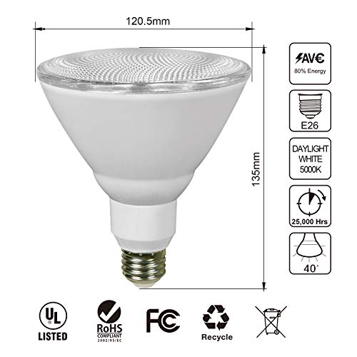 JULLISON 4 Packs Outdoor Flood PAR38 LED Bulb, 120V/13W/980Lumens/40 Degrees Beam, 90W Equivalent, 5000K Daylight White, CRI80+, Dimmable, E26 Base, UL & Energy Star & FCC Listed, Wet Locations