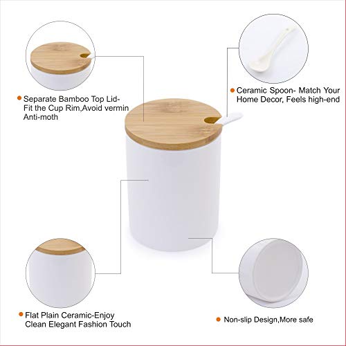 Porcelain Sugar Bowl with Spoon and Bamboo Lid, LUCKYGODDNESS 10.8 FL OZ Ceramic White Spice Jar Salt Pepper Holder Container Box Flour Serving Condiment Pot for Housewarming Gift