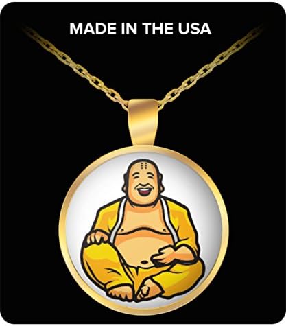 Happy Buddha Necklace - Laughing Buddhist Pendant Charm Jewelry - Maitreya Sitting Monk Statue Gold - Buddhism for Good Luck 3D Symbol - Bodhisattva
