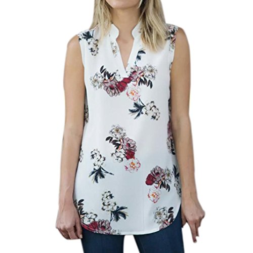 Howley Women Summer Casual Print Floral Sleeveless Cami Tank Top Vest Blouse (White, M)