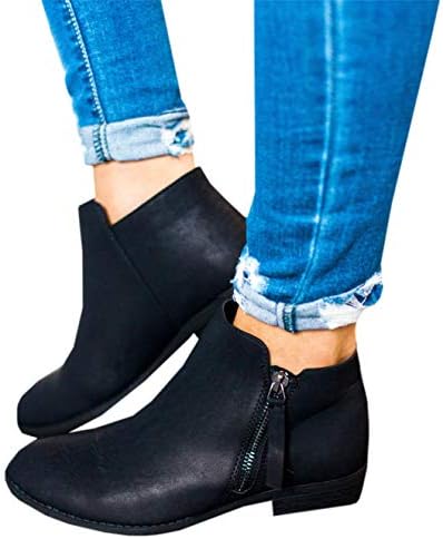 Mafulus Womens Ankle Boots Round Toe Faux Leather Stacked Low Heel Side Zipper Winter Booties