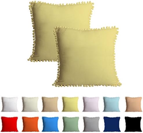 Queenie - 2 Pcs Light Weight Solid Color Cotton Pom Pom Pillow Cover Pom-Fringe Throw Pillowcase Available in different Colors And Sizes (15.75 x 15.75 Inch (40 x 40 cm), Buttercup)