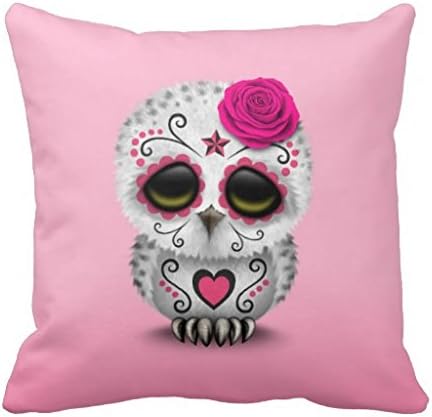 Cute Pink Day Of The Dead Sugar Skull Owl Throw Pillow Case 18" 18"