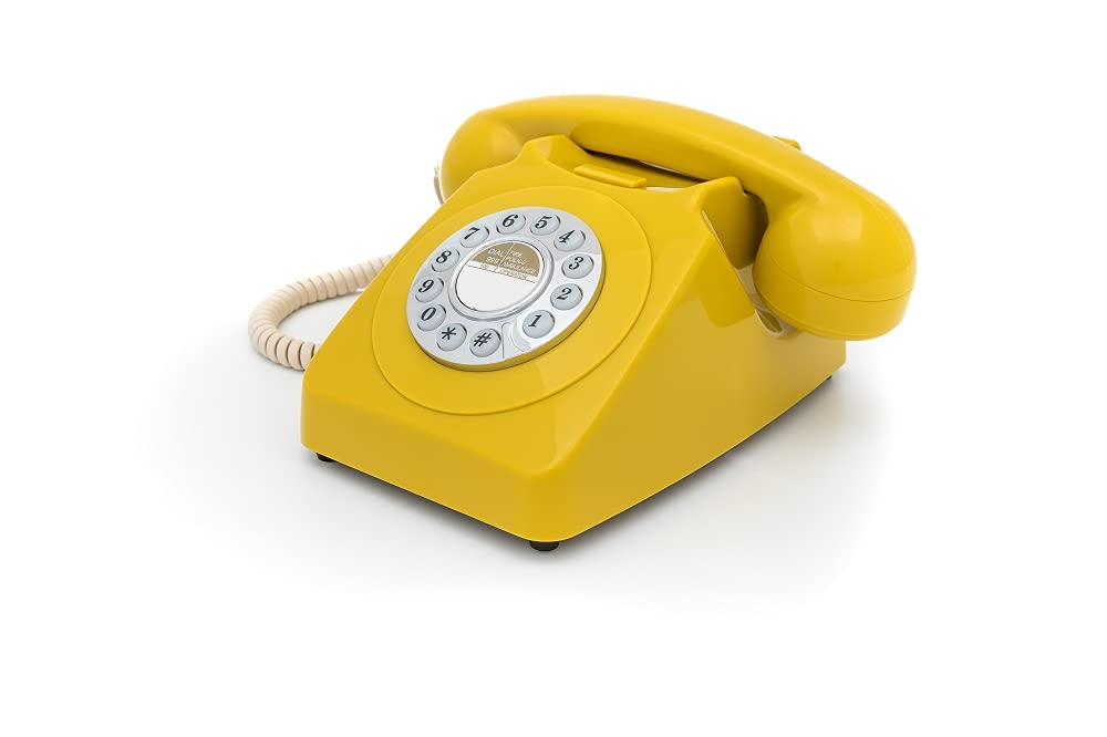 GPO 746 Push-Button Retro Landline Phone, Vintage Landline Telephone for Home, Office, Retro Phones with Authentic Bell Ring and Curly Cord, Mustard