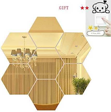 Cinhent Wall Stickers + 1 Gift, 7 PCs 3D Mirror Hexagon Vinyl Removable Home Decor Art DIY Sticker Mural Decal, 2019 Beautiful Home Office Decor, Painted and Wallpapered