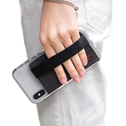 Ringke Flip Phone Card Holder with Elastic Hand Strap Band 3M Stick on Adhesive Wallet Multi Slot Card Wallet Credit Card Mini Pouch Attachment for iPhone, Galaxy, LG, Google Cases - Charcoal Black