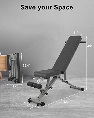 BARWING Adjustable Weight Bench- 800 lbs Folding Full Body Workout Bench with Dragon Flag, Automatic Lock Multi-Purpose Incline/Flat/Decline Bench for Home Gym Strength Training Gray