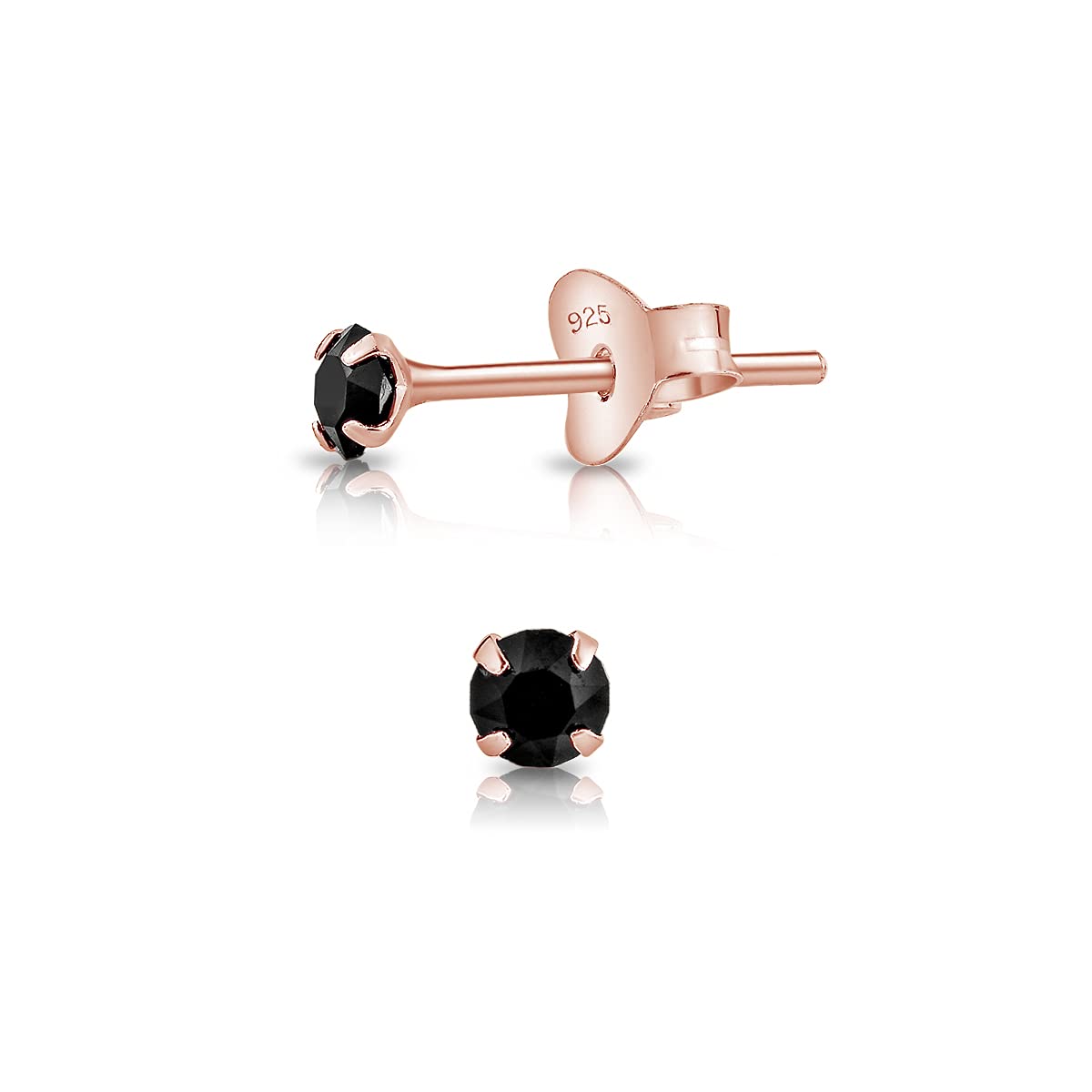 DTPSilver - 925 Sterling Silver Rose Gold plated Round TINY Stud Earrings made with Glittering Crystals from Swarovski® Elements - Diameter: 3 mm - Colour : Black