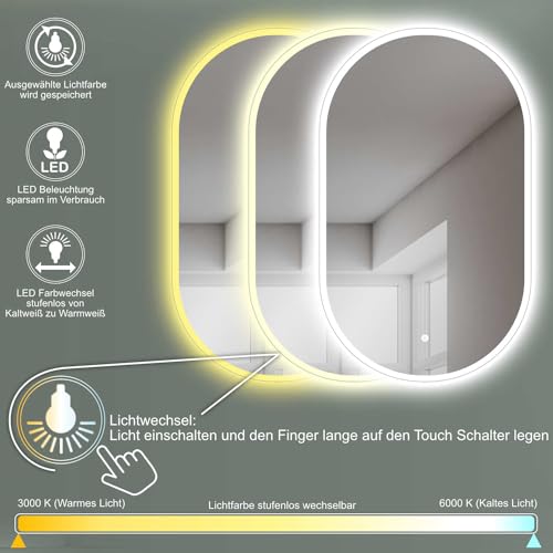 HOKO® Oval LED Design Mirror, 45 x 75 cm, High + Horizontal Mount, Illuminated Bathroom Mirror, Also as Vanity Mirror