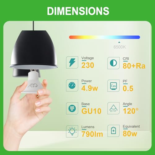 GY GU10 LED Bulbs 4.9W Equivalent 80W, 790LM 6500K Cool White, 120° Beam Angle, Energy Efficiency GU10 Bulb, Non-Dimmable, Pack of 10