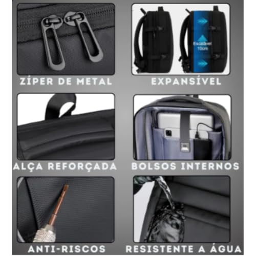 Mochila de Viagem Notebook Expansível Grande, Mochila Avião, Executiva, Antifurto, Reforçada, USB, Impermeável, Viagem a Trabalho, Escolar