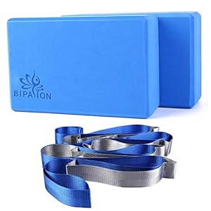 BIPASION Yoga Block (2 Pack) and Yoga Strap Set, High Density EVA Foam Block to Support and Improve Poses and Flexibility