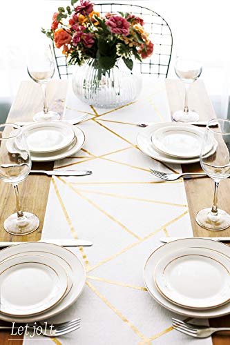 Letjolt White Table Runners Gold Geometric Table Runner for Stylish Wedding Party Bridal Shower Table Setting Decor 100% Cotton 12x72 Inches
