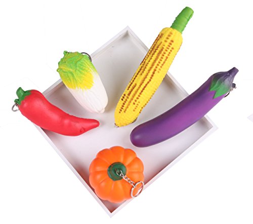 Anboor 5 Pcs Jumbo Slow Rising Kawaii Vegetable Squishies Toy for Collection Gift with Phone Strap Key Chain,Pumpkin,Cabbage,Eggplant,Pepper,Bake Corn,Color Random - Thumbnail 4
