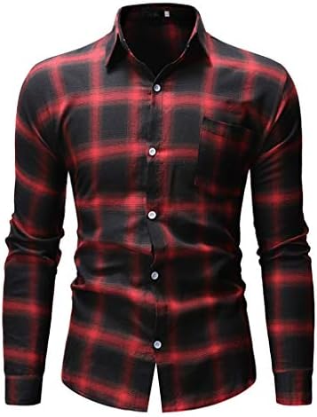 NUWFOR Men Splicing Lattice Chequered Long Sleeve Shirt Fashion Long Sleeve Blouse Top(Red,US M Chest:42.52")