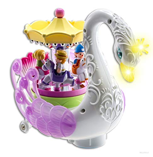 WolVol Beautiful Musical Rotating Horses Carousel Music Box on Self Riding Swan Animal, Lights and Sounds, Bump and Go Action - Great Gift Toy for Little Girls - Thumbnail 4