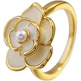 Kokoma Elegant Camellia Flower Ring for Women Pearl Enamel Floral Wrap Finger Ring Engagment Promise Eternity Rings Wedding Band Rings Adjustable