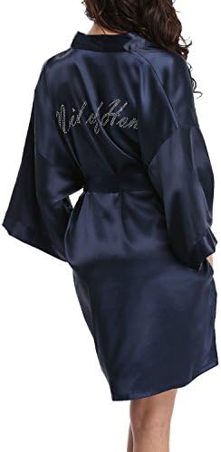 Perfect Corset Women's Wedding Short Kimono Robe for bride and Bridesmaids With Rhinestone For Wedding Party, Honor Navy L