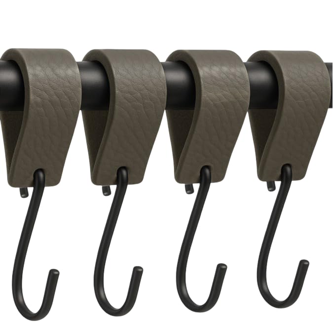Brute Strength - Leather S Hooks for Hanging - Grey - 4 Pieces - Incl. Silver & Black Hooks for Hanging Coats, Cups, Towels, Kitchen