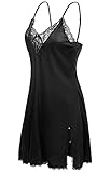 Halife Women's Sexy Sling V-neck Lace Trim Satin Chemises Slip Sleepwear (M, Black)