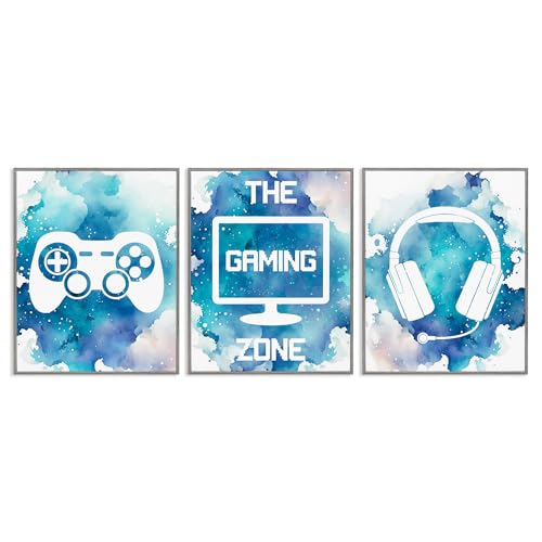 Stupell Industries Blue Gamer Splatters 3 Piece Gray Framed Giclee Art Set, des…