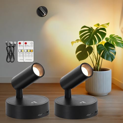 TaoFiaCo Rechargeable LED Wall Spotlights for Indoor Black 2 Pieces – USB Wall Light with Remote Control 3 Colours – Wireless LED Spotlight for Lighting Paintings Plants Bedroom