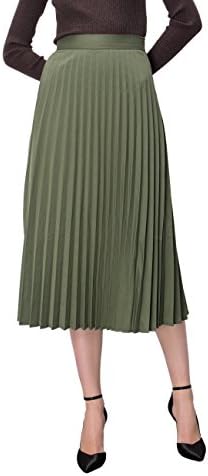 Simple Retro Women's Pleated Skirt Midi A Line High Waist Skirt,Olive Green,X-Large