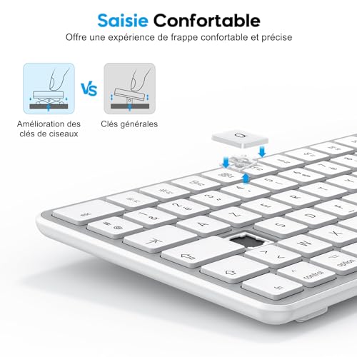 OMOTON Wireless Bluetooth Keyboard for Mac, Rechargeable French AZERTY Keyboard Multi-Device with 3 Bluetooth Channels for Apple MacBook Pro/Air, Mac Pro/Mini, iMac, Silver