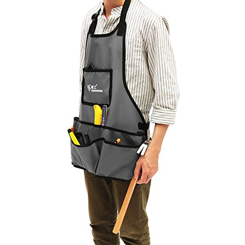 Dolity Water Resistant Oxford Carpenters Joiner Workshop Work Apron With 13 Pockets - Grey
