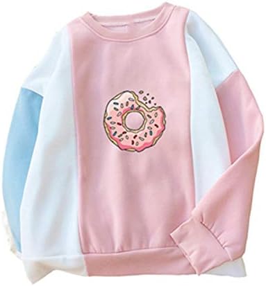 Keamallltd Women Sweatshirt Harajuku Donuts Printing Cute Hoodies Patchwork Pastel Contrast Color O-Neck Winter Autumn Clothing Top
