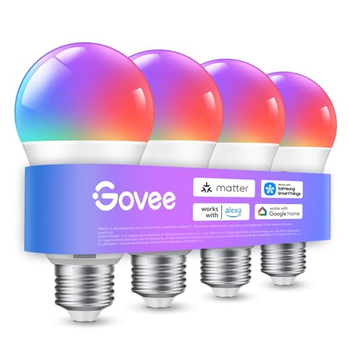 Govee E27 Smart WiFi Bluetooth LED Bulb, Compatible with SmartThings, Matter, Alexa and Google Assistant, 800lm, 16 Million Colors RGBWW DIY Smart Bulb, Set of 4