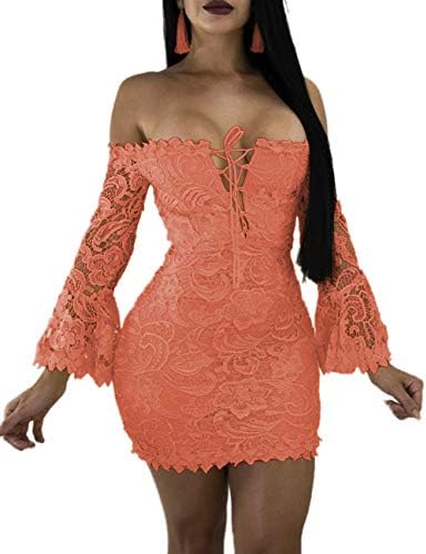 FairBeauty Women's Lace Dress Sexy Off Shoulder Flare Sleeve Floral Bodycon Party Club Mini Dress