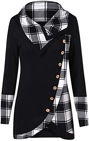 Connia Casual Women's Blouse, Button Turtleneck Tartan Tunic Long Sleeve Sweatshirt Pullover Tops