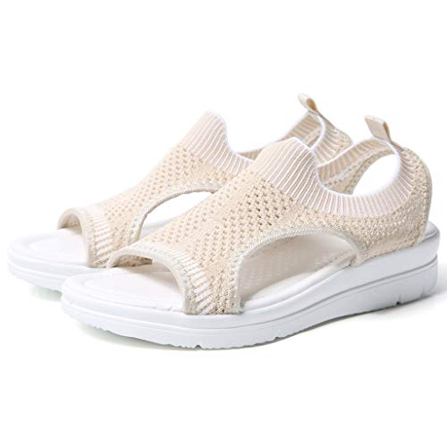Slip On Walking Shoes,ONLY TOP Women's Mesh Breathable Sandals Lace-Up Running Open Toe Sneakers Beige