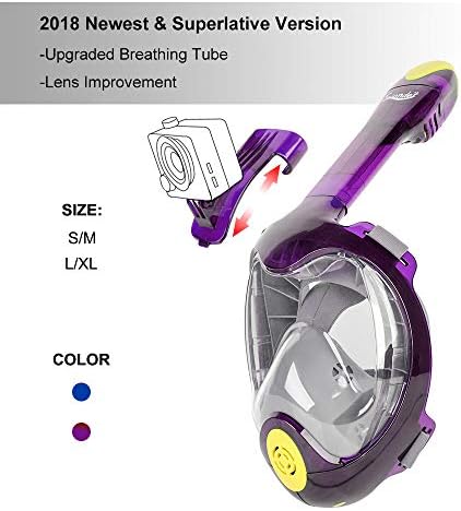 Swonder 2018 Newest Version 180° Panoramic Sea View Full Face Snorkel Mask-Tubeless Snorkeling Set with Action Camera Mount and Warning Top. Easy for Breath with Anti-Fog, Anti-Leak for Adults & Kids
