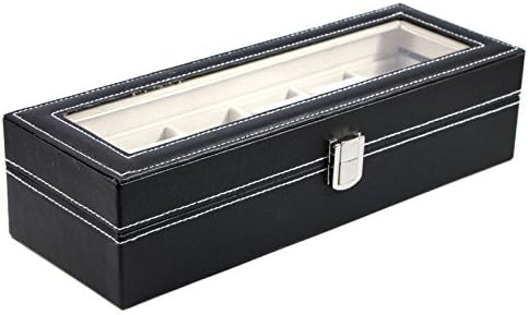 Nulink™ 6 Grid Top Glass Display Black Leather Watch Jewelry Storage Case Organizer