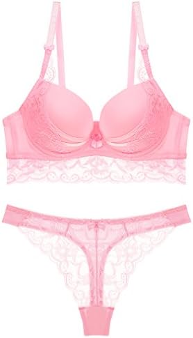 Julexy A B 34-42 Women Bra Set Push up Sexy Lace Thong Lingerie Set 1431 (Pink, 38B)