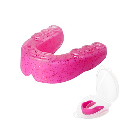 JS MMA Mouthguard Braces for Sports. BJJ, Boxing, Football, Ice and Field Hockey, Lacrosse, Basketball. Double Glitter Color Purple & Red, Custom Fit Youth and Adult, unisex With Case (Pink, Youth) - Thumbnail 2