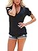 Women Summer V-Neck Cut Out Shoulder 3/4 Sleeve Side Ruched Tunic Shirt Top,Black,M