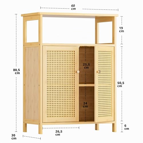HITNET Rattan Storage Cabinet, Bathroom Cabinet with 2 Doors, Bamboo Free Standing Side Organizer for Living Room, Kitchen, Entryway, Natural