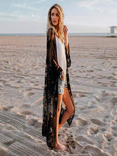 Womens Kimono Cardigan, Women Lace Bohemian Beach Long Oversized Kimono Coat (Black, Free Size)
