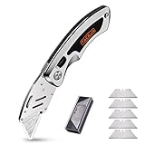 Folding Utility Knife, Tacklife UKS02 Heavy Duty Pocket Box Cutter with 5 Stainless Steel Blades, Premium Stainless Steel Handle, Soft TPR Anti-slip Grip, Pocket Sized and Quick Blade Change