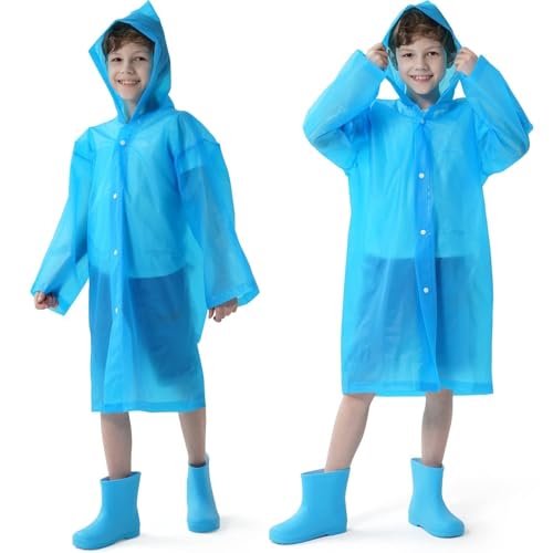 Opret 2 Pack Raincoats for Kids, Reusable Rain Ponchos with Hood and Sleeves Waterproof Rain Coats for Boys and Girls