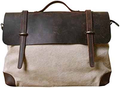 AOMAOY Men's Retro Genuine Leather Canvas School College Messenger Briefcase Satchel Handbag iPad Bag (White)