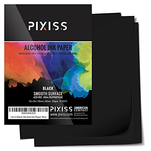Black Alcohol Ink Paper - 25 Sheets Pixiss Heavy Weight Art Paper for Alcohol Ink & Watercolor - Extra Smooth Synthetic Paper A4 12x12 inches, 300gsm