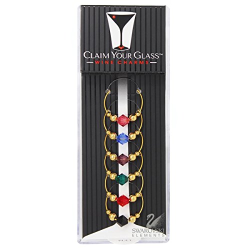 BRILLIANCE Swarovski Crystal Wine Charms (Set of 6) by Claim Your Glass - Premium Drink markers for stemmed Wine, Champagne, Martini Glasses - Includes Storage Case + BONUS Velveteen Bag (GOLD)