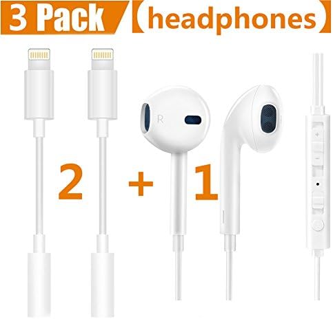 [ 2 Pack + 1 Pack headphones ] Headphone Adapter to 3.5mm earbuds Jack Adapter – Lightning Connecter to 3.5mm Audio Jack Earphone Extender Jack Stereo for iPhone 7 / 7 Plus - Not Support IOS 10.3