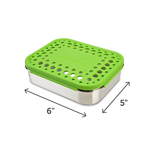 LunchBots Quad Stainless Steel Food Container - Four Section Design Perfect for Healthy Snacks, Sides, or Finger Foods On the Go - Eco-Friendly, Dishwasher Safe and BPA-Free - Green Dots
